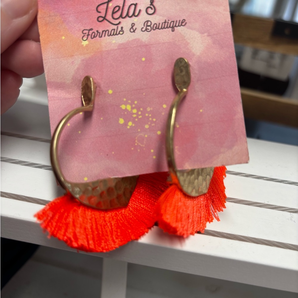 Gold Hammered Hoop Earrings with Neon Orange Tassels